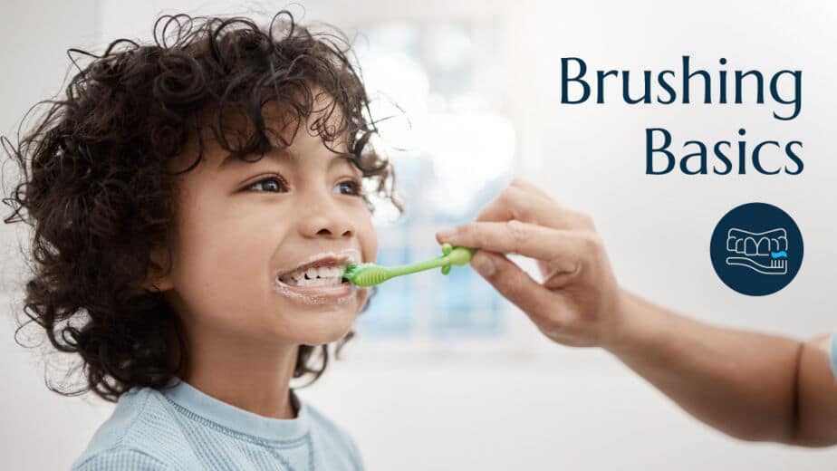 An adult brushing a child's teeth with the words brushing basics on the image.